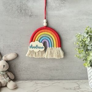 Handmade Macrame Rainbow Wall Hanging with Name Wooden Cloud